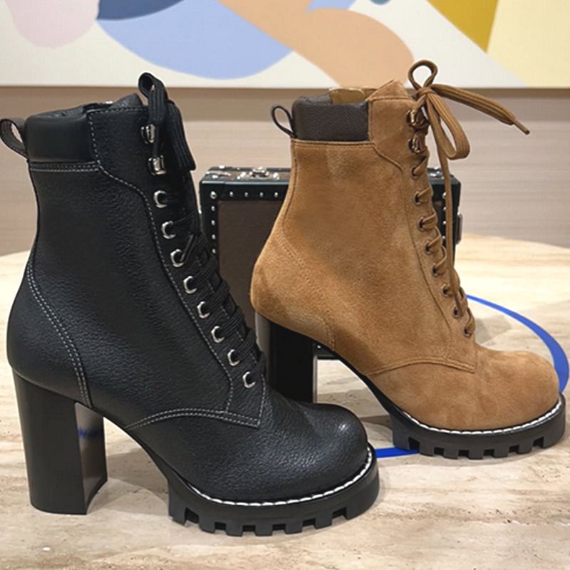 Star Trail Ankle Boots New Women Designer brown Suede Calf Leather High Heel Lug Sole Lace Up Combat Booties Winter Warm Shoes Large Size EU42 1178 - 3 of 8