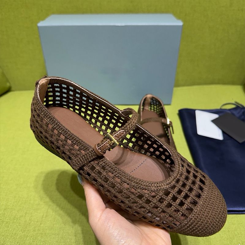 2026 Designer Crochet Knit Hollow Out Ballerina Flats Women Woven Mesh Mary Jane Shoes Triangle Breathable Adjustable Ankle Strap Casual Flat Pumps 1138 - 4 of 8