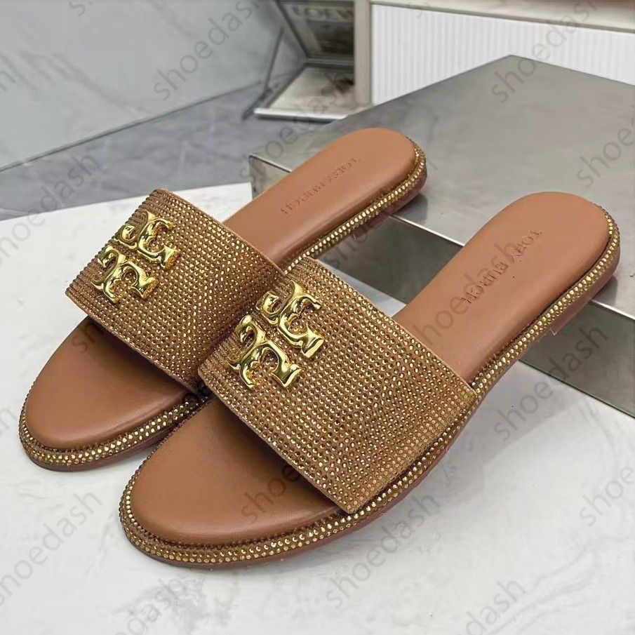 Designer Shoes Eleanor Metal Logo Decor Slide Slippers Women Rhinestone Flat Open Toe Slip On Sandals Summer Beach Casual Outdoor Daily Shoes - 3 of 8