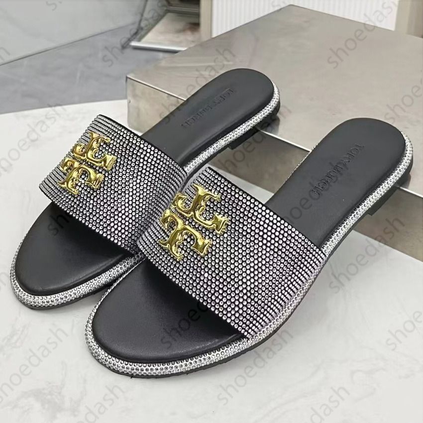 Designer Shoes Eleanor Metal Logo Decor Slide Slippers Women Rhinestone Flat Open Toe Slip On Sandals Summer Beach Casual Outdoor Daily Shoes - 5 of 8