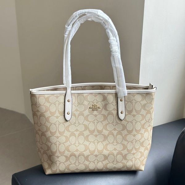 Women's Beige Classic Signature Tote Bag Top Handle Large Capacity White Trim Gold Hardware Zipper Closure Casual Handbag For Work Commute Shopping Travel - Bags, Luggage & Accessories - streetova