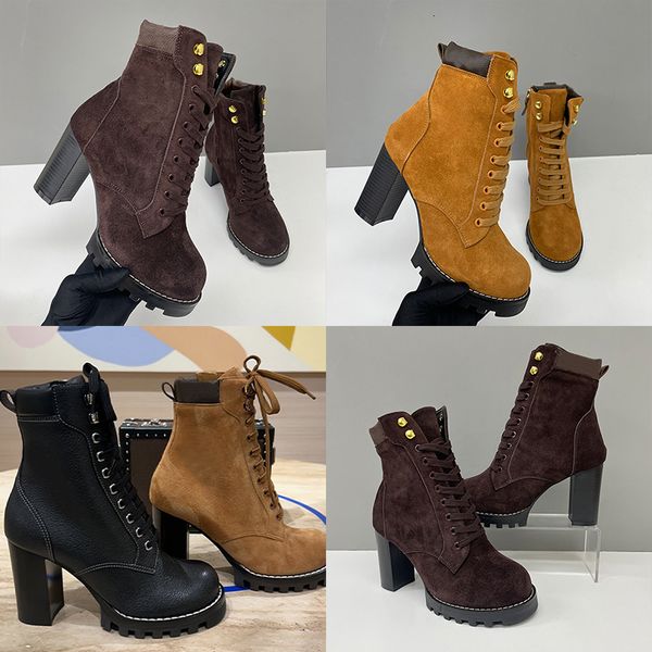 2026 Luxury Star Trail Ankle Boots Premium Women's Suede Calf Leather High-Heel Boot Camel Brown Chunky Block Heels Trendy Winter Footwear 1178 - Shoes & Accessories - streetova