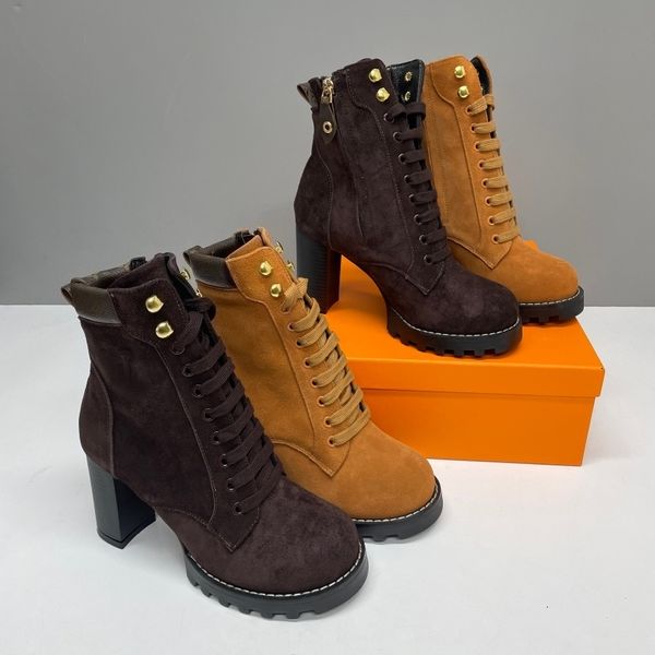 Star Trail Ankle Boots New Women Designer brown Suede Calf Leather High Heel Lug Sole Lace Up Combat Booties Winter Warm Shoes Large Size EU42 1178 - Shoes & Accessories - streetova
