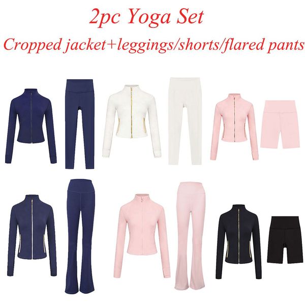 2Pc Gym Set Cropped Jacket Gym Clothe Woman Crop Jacket Women Leggings Run Short Workout Outfits Fitness Leggings for Woman Designer - Sports & Outdoors - streetova