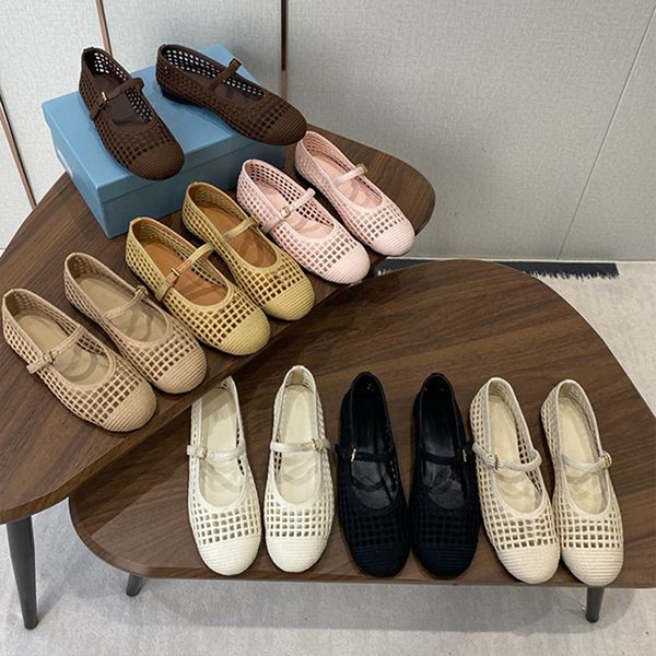 2026 Designer Crochet Knit Hollow Out Ballerina Flats Women Woven Mesh Mary Jane Shoes Triangle Breathable Adjustable Ankle Strap Casual Flat Pumps 1138 - Shoes & Accessories - streetova