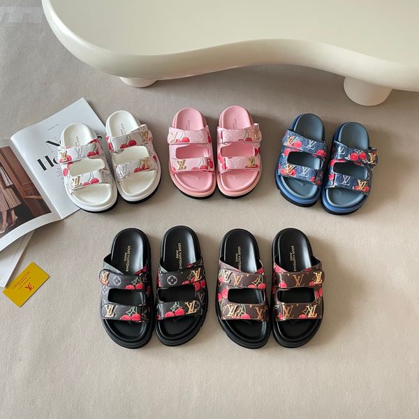 LV x TM Pool Pillow Flat Mule Cherry Print Platform Slide Sandals Women Adjustable Double Strap Metal Thick Sole Casual Outdoor Beach Couple Slippers Multiple colors - Shoes & Accessories - streetova