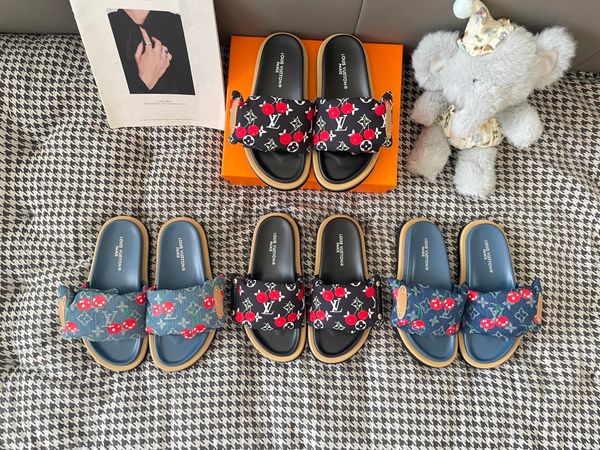 LV x TM Murakami Cherry Maya Sunset Flat Comfort Sandal Strap Platform Slide Sandals for Women Comfort Outdoor Beach Vacation Casual Slippers Multiple colors - Shoes & Accessories - streetova