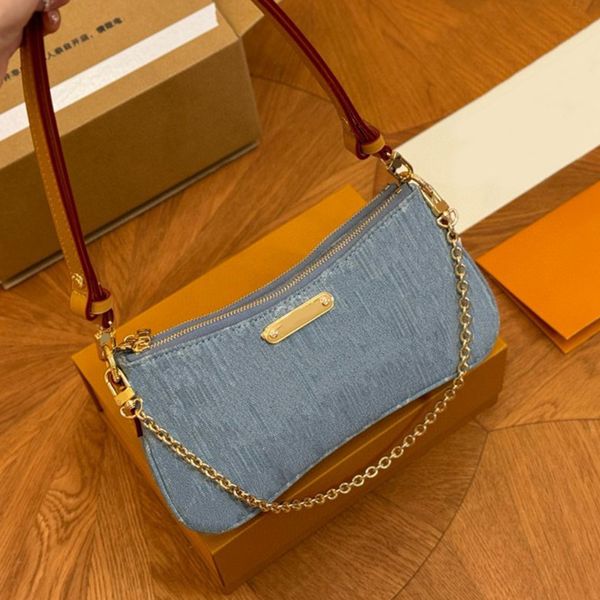 Denim Hobo Designer Shoulder Bags Women's Handbags Totes Leather Trim Casual Chain on The Wallets Fashion Light Blue Liv Tote New - Bags, Luggage & Accessories - streetova